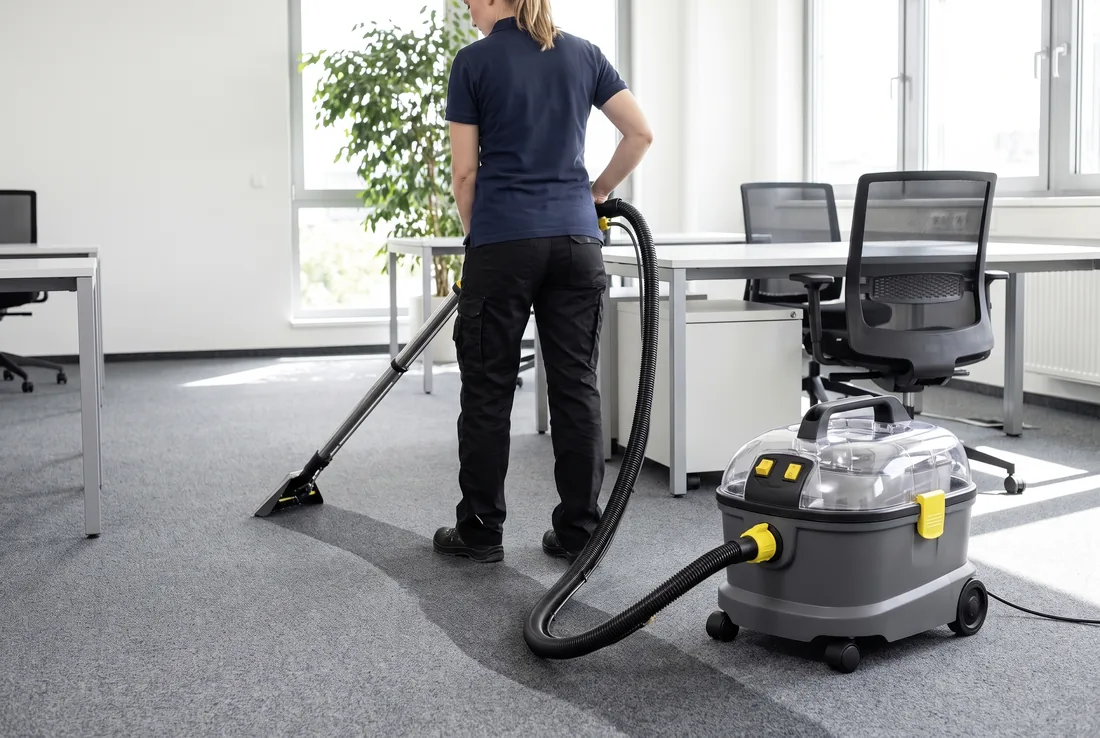 Professionelle Teppichbodenreinigung per Sprühextraktion in einem Büro